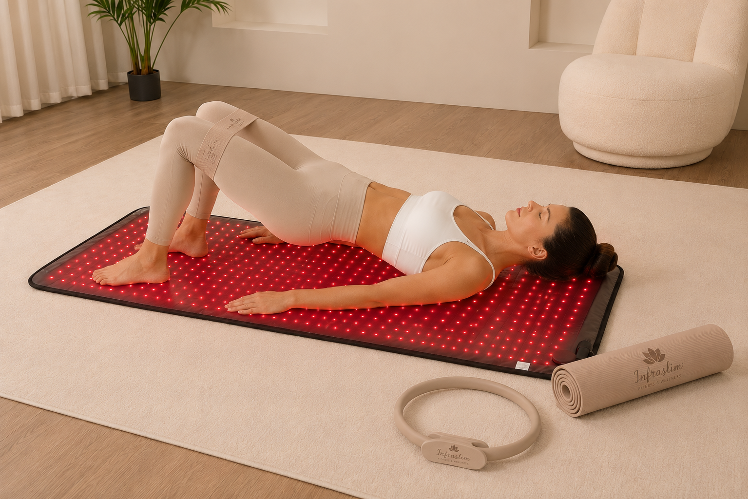 Ženska med vadbo na infrardeči podlogi InfraSlim s pilates obročem in podlogo