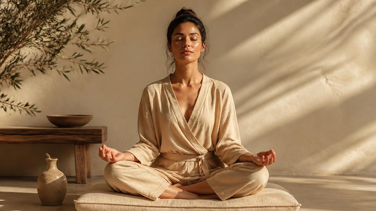 Ženska sedi v položaju za meditacijo v svetli sobi